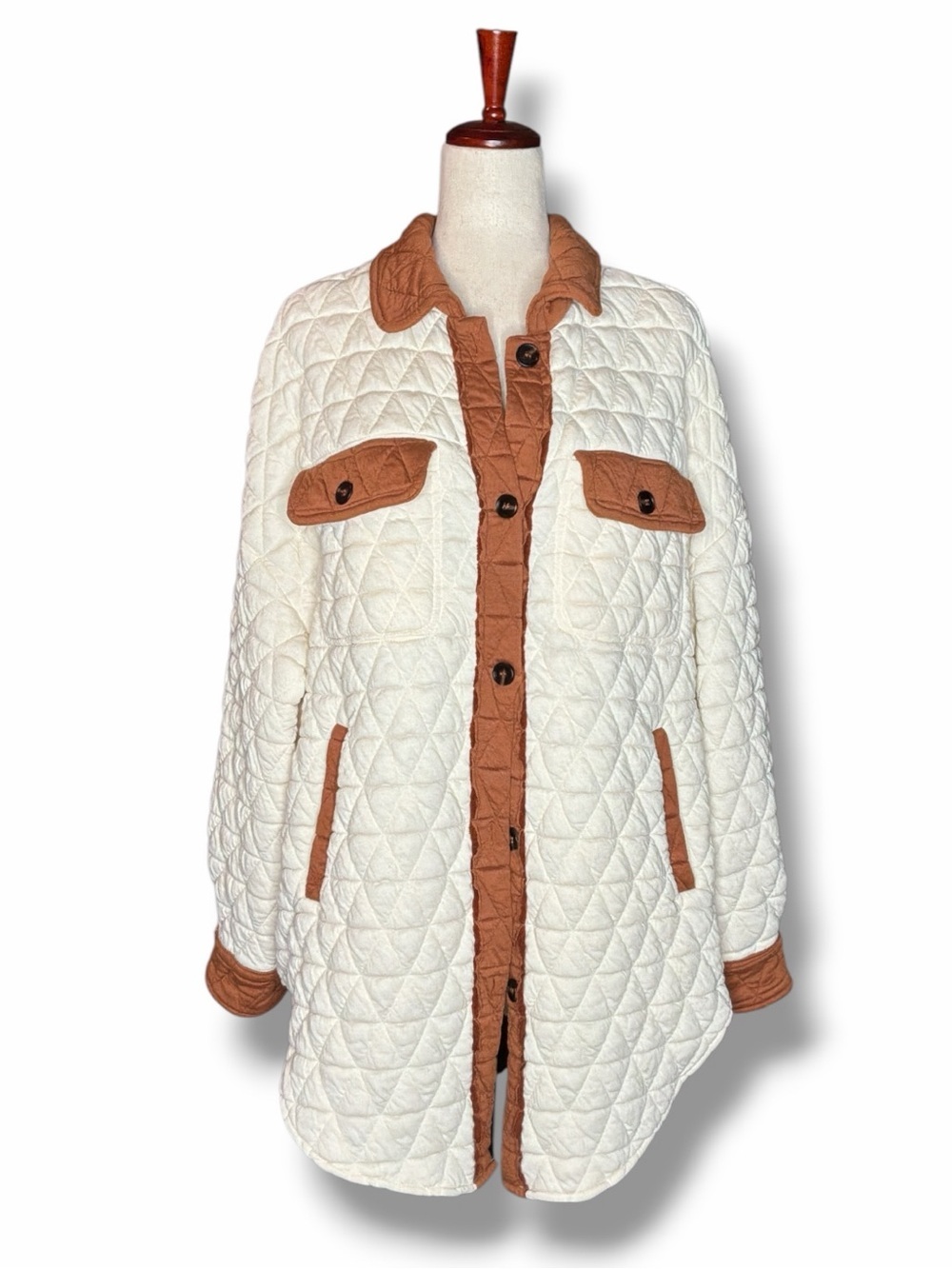 WkndChasers Cream & Rust Accent Quilted Puffer Shacket Size Large